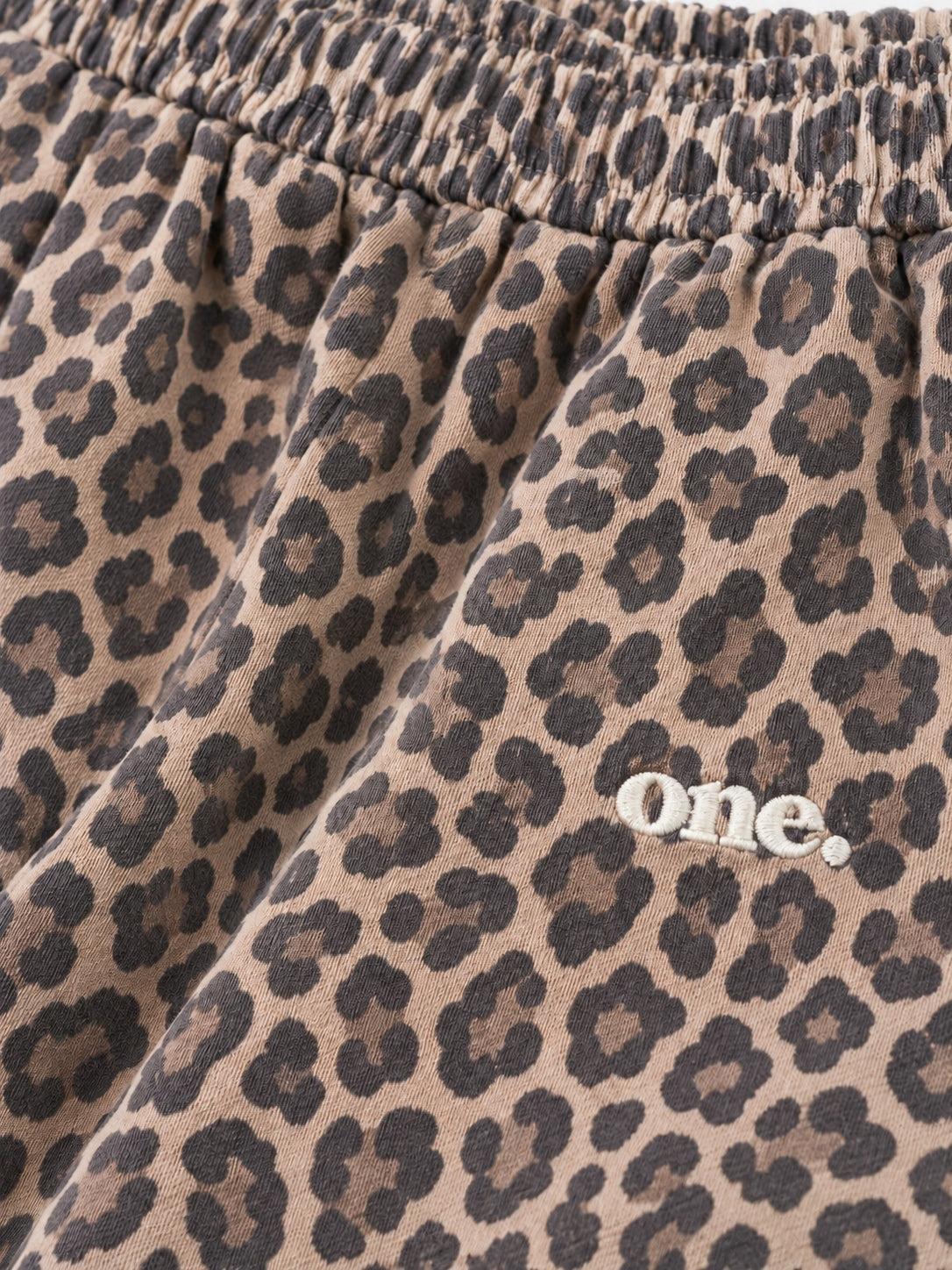 Leopard Jogger — detail, matching oversized cut, waist drawcord hidden