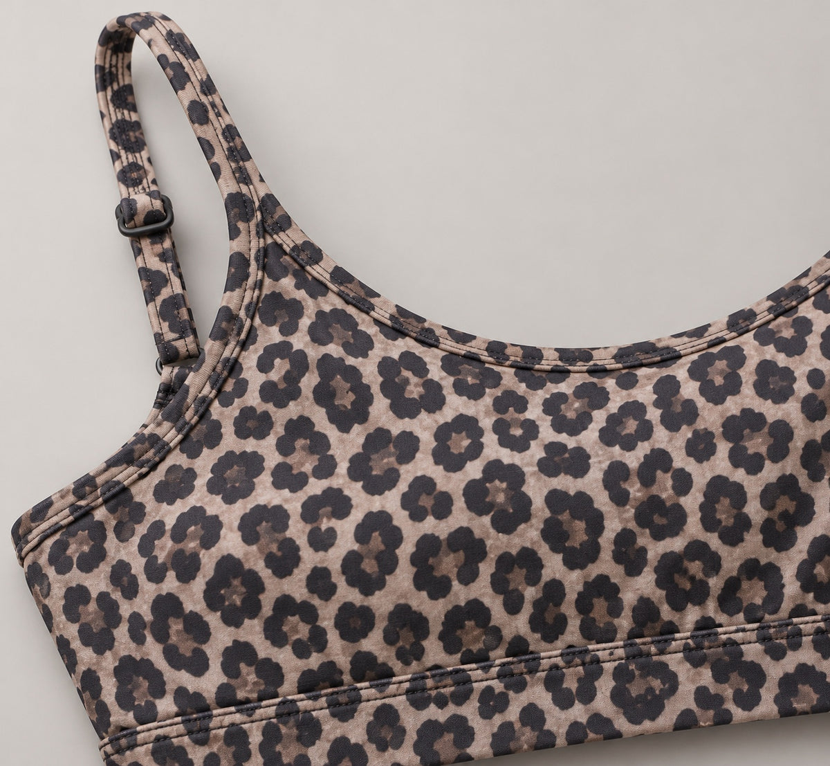 Leopard sports bra — strap and fabric detail
