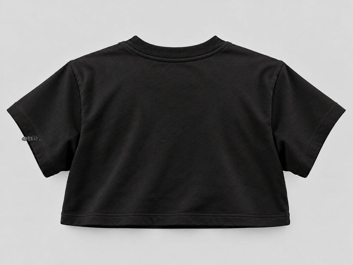 ONE Boxy Crop Black – back, horizontal logo at bottom of sleeve