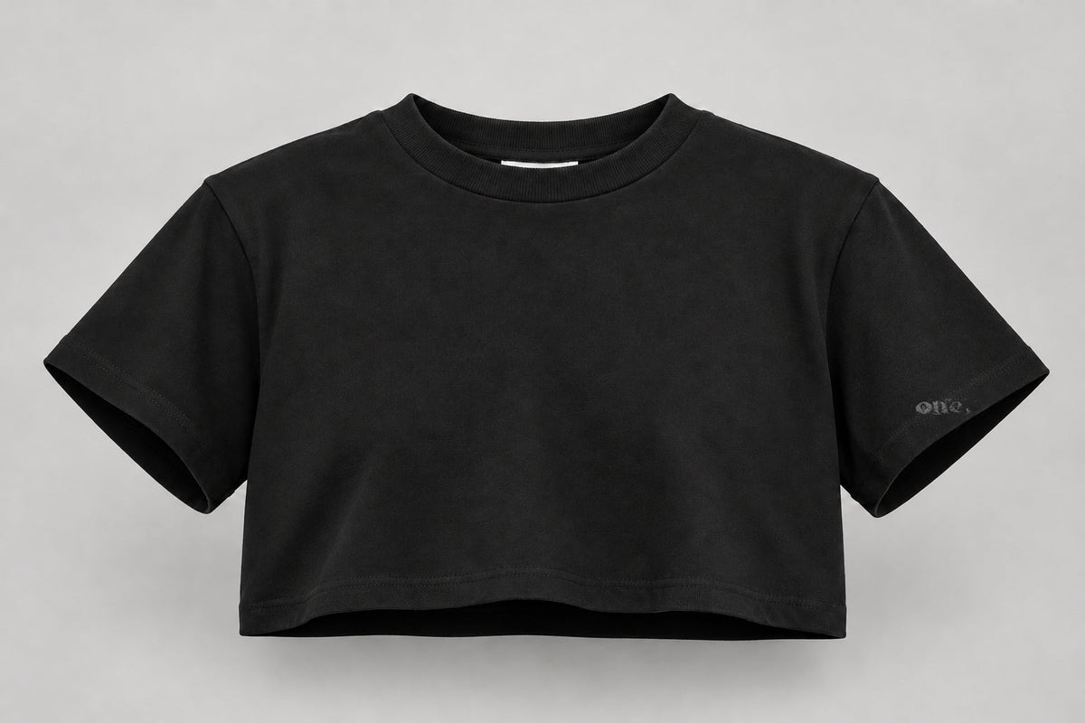 ONE Boxy Crop Black – front, horizontal logo at bottom of sleeve