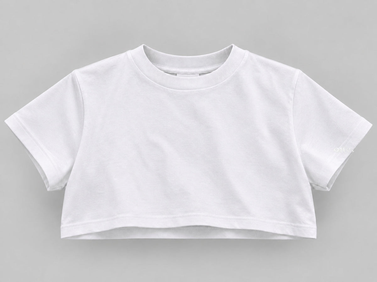 ONE Boxy Crop White – front, horizontal logo at bottom of sleeve