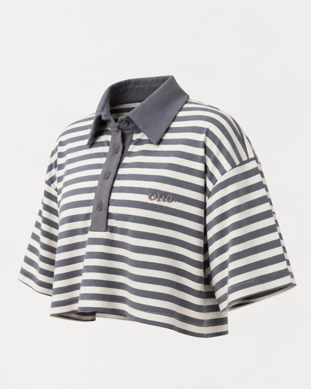 Studio Stripe Gray Crop Polo Tee — side view