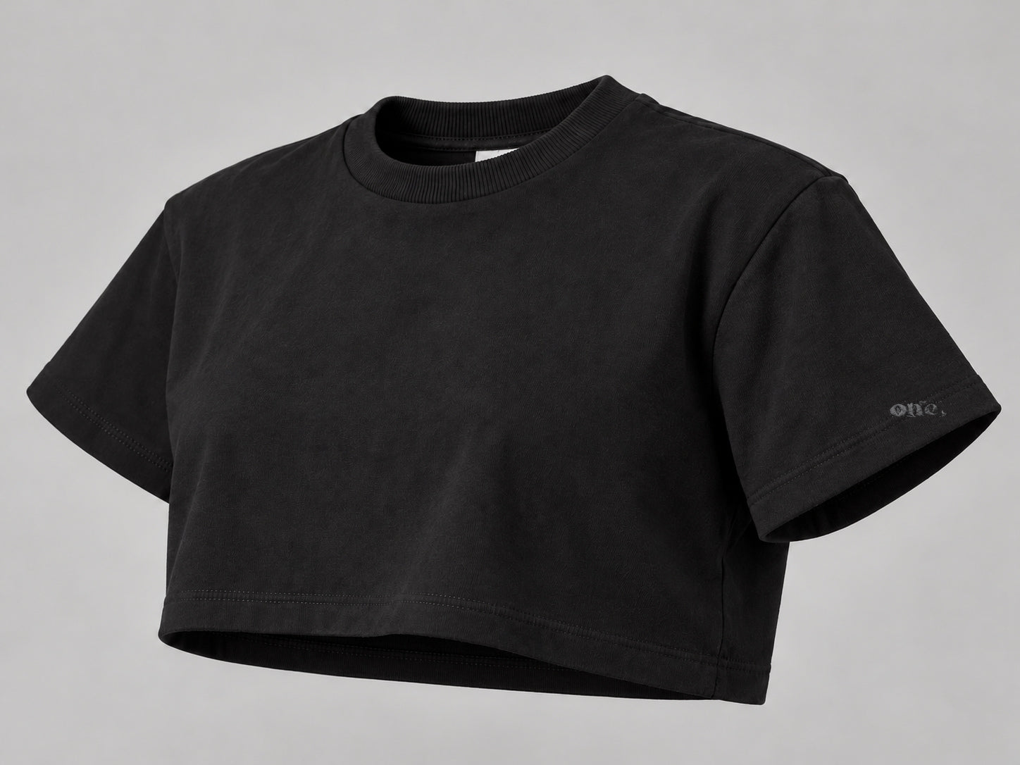 ONE Boxy Crop Black – side, horizontal logo at bottom of sleeve