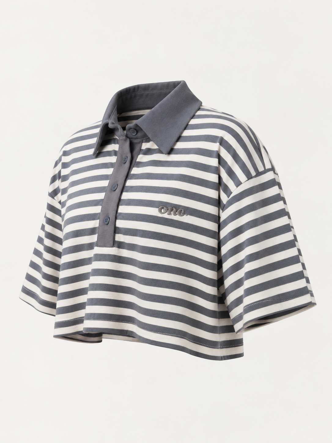 Studio Stripe Gray Crop Polo Tee — side view
